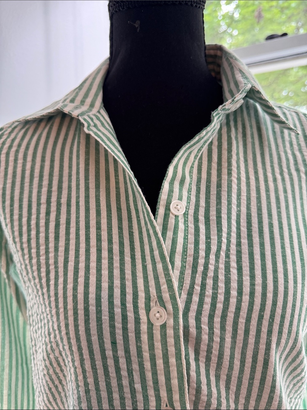 Madison Mathews’ High End Green and White Seersucker Striped Button-Up Shirt